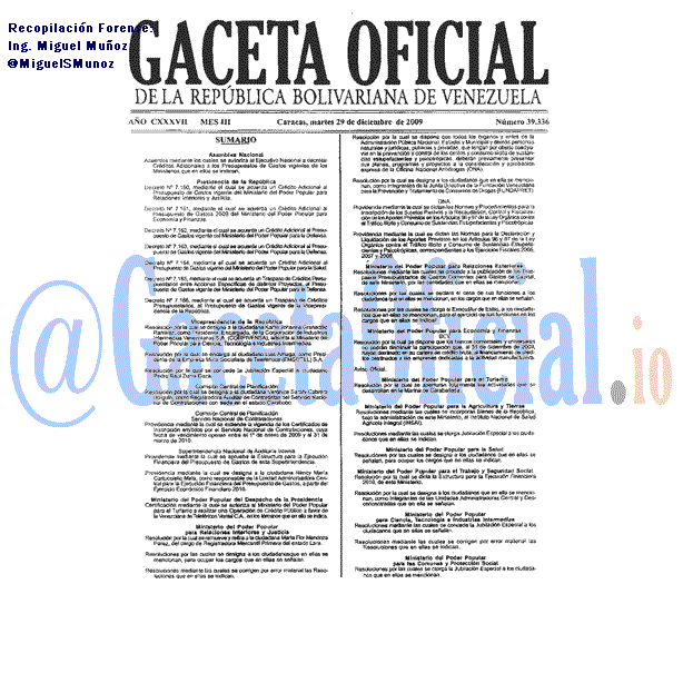 Gaceta Oficial 39336 del 29 Diciembre 2009