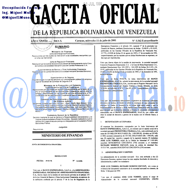 Gaceta Oficial 5542 del 11 Julio 2001