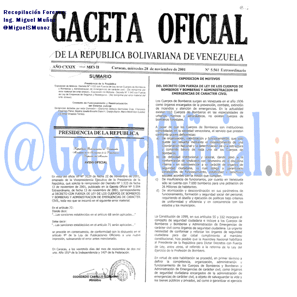 Gaceta Oficial 5561 del 28 Noviembre 2001