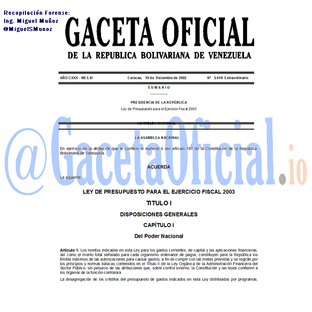 Gaceta Oficial 5618 del 19 Diciembre 2002