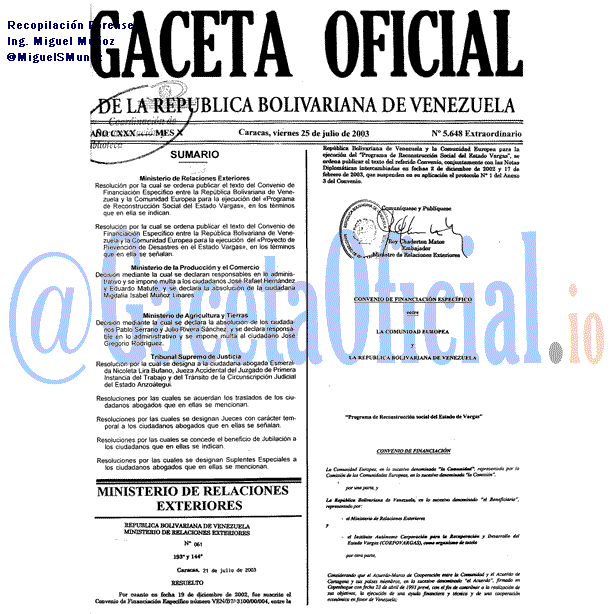 Gaceta Oficial 5648 del 25 Julio 2003