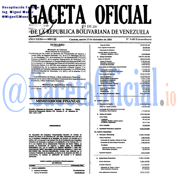 Gaceta Oficial 5685 del 23 Diciembre 2003