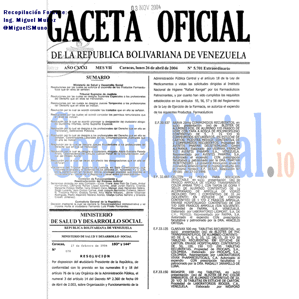 Gaceta Oficial 5701 del 26 Abril 2004