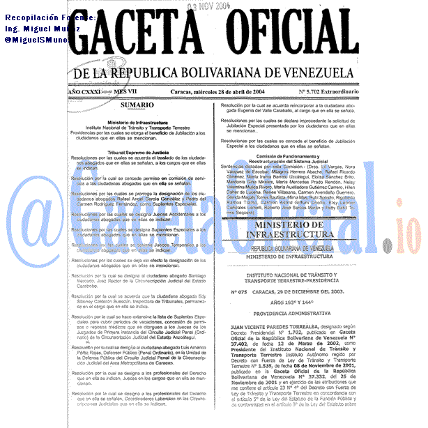 Gaceta Oficial 5702 del 28 Abril 2004