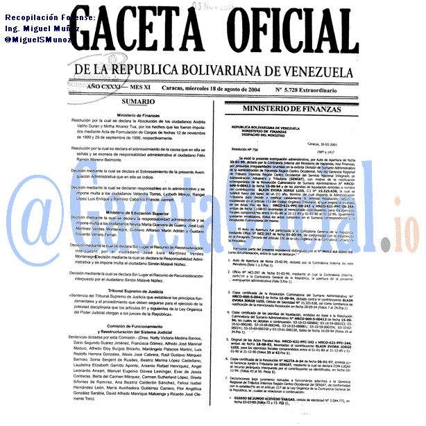 Gaceta Oficial 5728 del 18 Agosto 2004