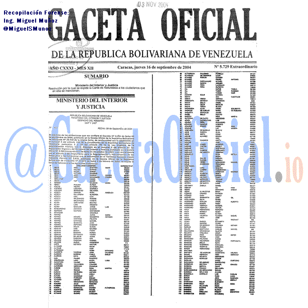 Gaceta Oficial 5729 del 16 Septiembre 2004