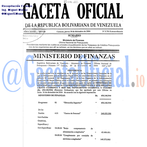Gaceta Oficial 5751 del 30 Diciembre 2004