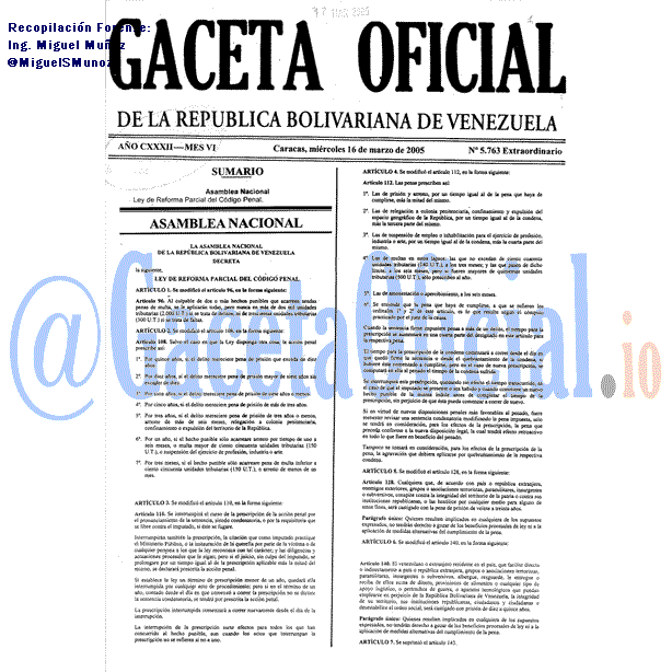 Gaceta Oficial 5763 del 16 Marzo 2005