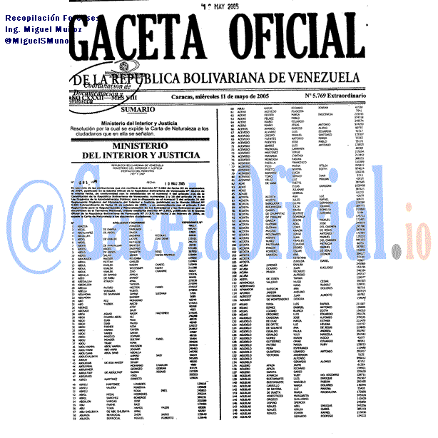 Gaceta Oficial 5769 del 11 Mayo 2005