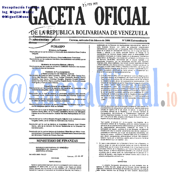 Gaceta Oficial 5800 del 8 Febrero 2006