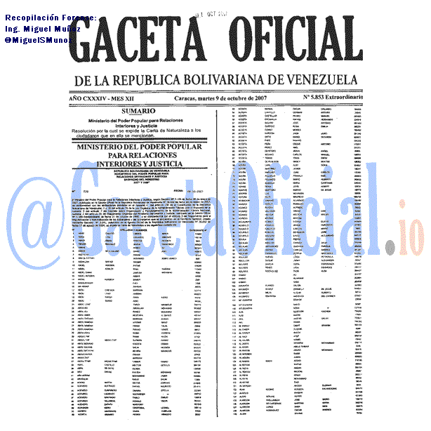 Gaceta Oficial 5853 del 9 Octubre 2007
