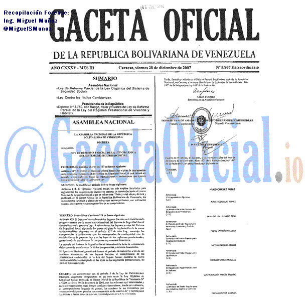 Gaceta Oficial 5867 del 28 Diciembre 2007