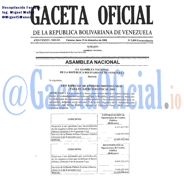 Gaceta Oficial 5899 del 15 Diciembre 2008