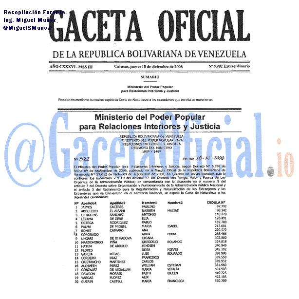 Gaceta Oficial 5902 del 18 Diciembre 2008