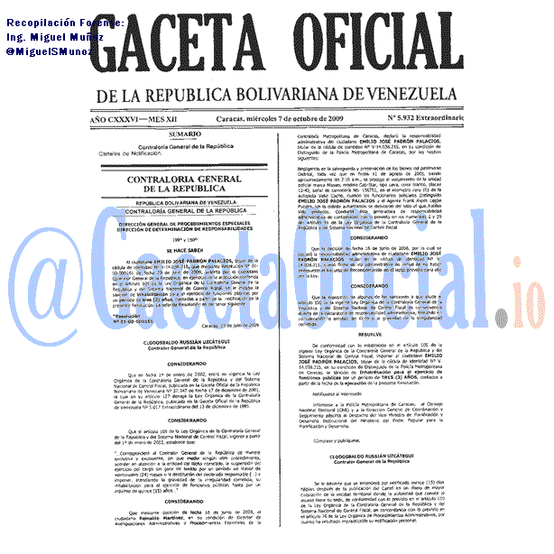 Gaceta Oficial 5932 del 7 Octubre 2009