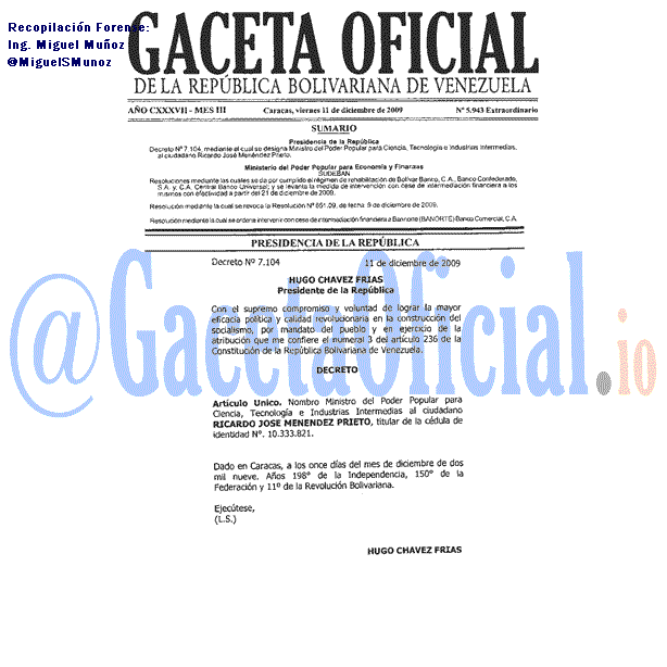 Gaceta Oficial 5943 del 11 Diciembre 2009
