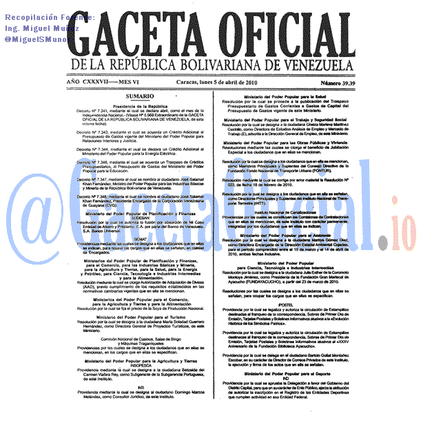 Gaceta Oficial 39396 del 5 Abril 2010