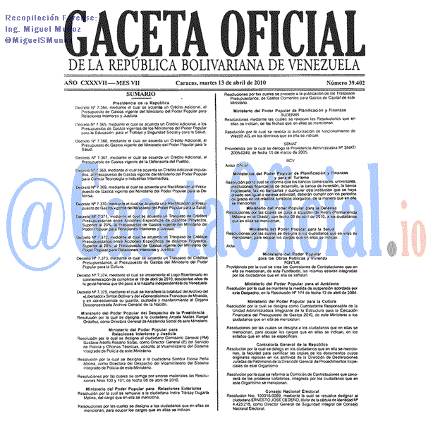 Gaceta Oficial 39402 del 13 Abril 2010