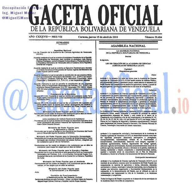 Gaceta Oficial 39404 del 15 Abril 2010