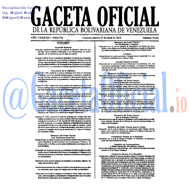 Gaceta Oficial 39411 del 27 Abril 2010