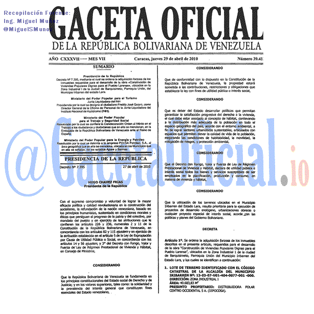 Gaceta Oficial 39413 del 29 Abril 2010