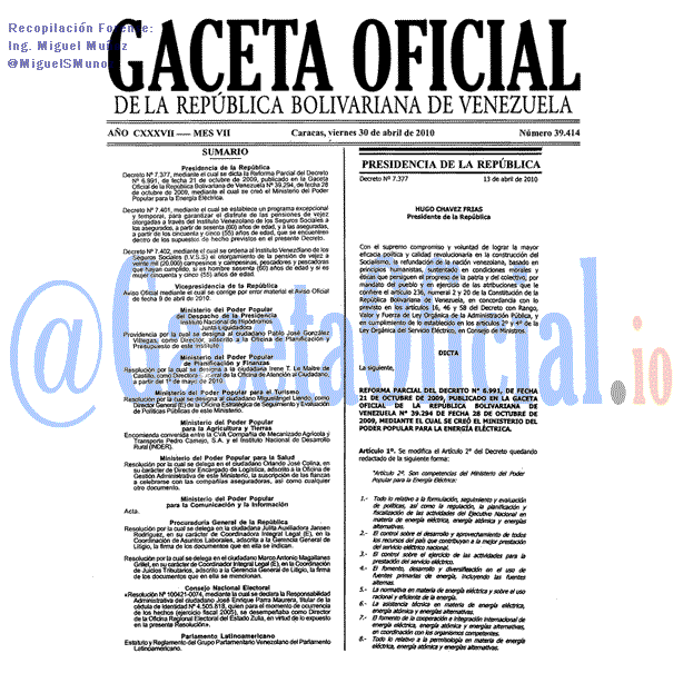 Gaceta Oficial 39414 del 30 Abril 2010