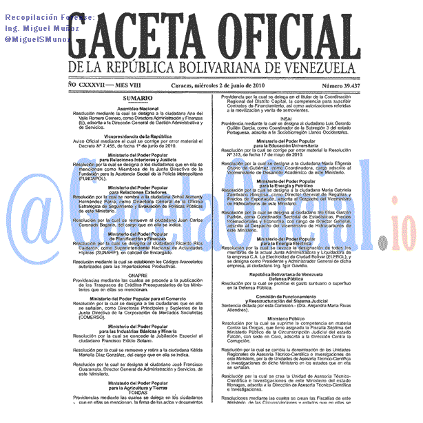 Gaceta Oficial 39437 del 2 Junio 2010