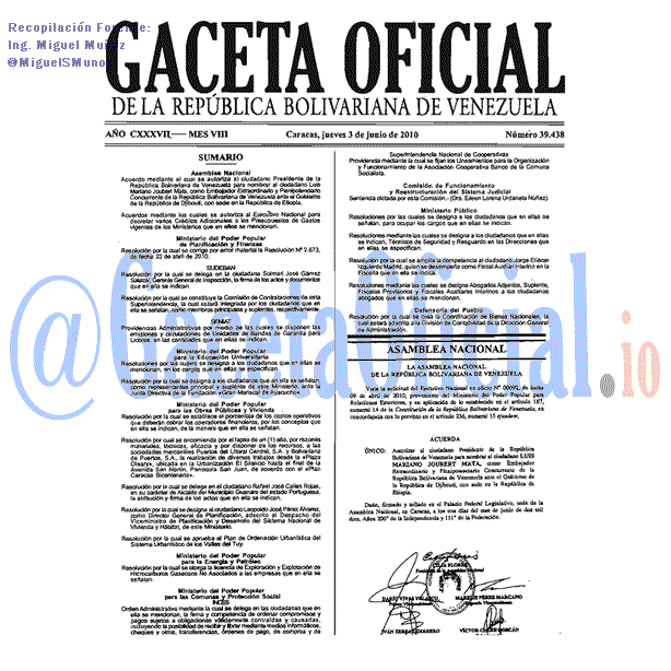 Gaceta Oficial 39438 del 3 Junio 2010