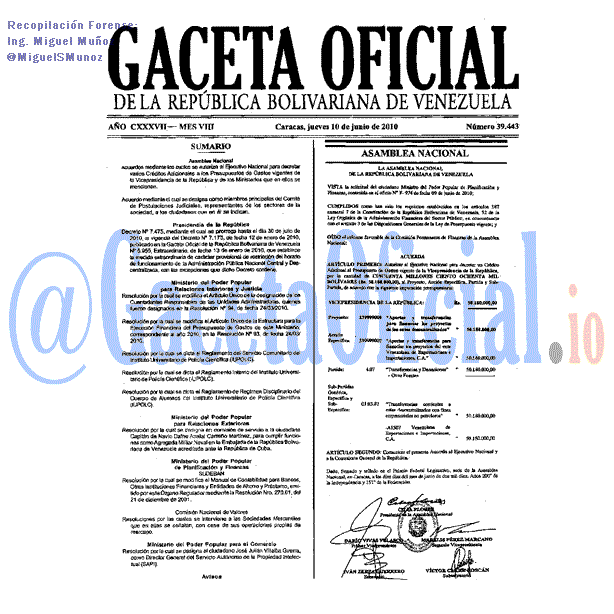 Gaceta Oficial 39443 del 10 Junio 2010
