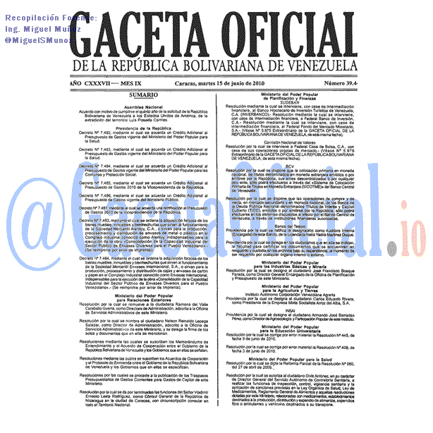 Gaceta Oficial 39446 del 15 Junio 2010