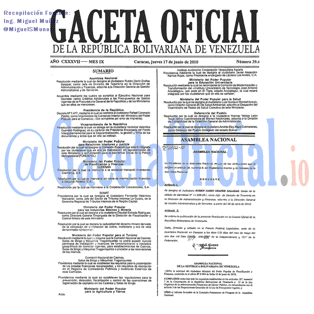 Gaceta Oficial 39448 del 17 Junio 2010