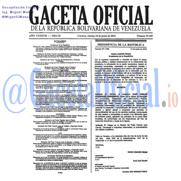 Gaceta Oficial 39449 del 18 Junio 2010