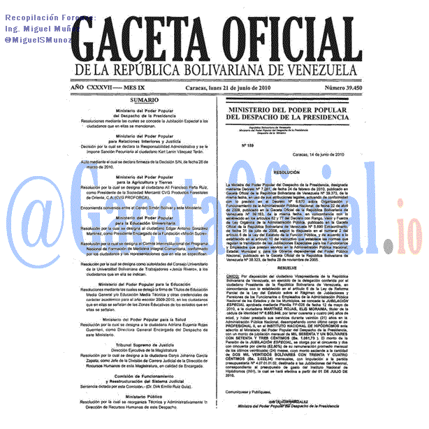 Gaceta Oficial 39450 del 21 Junio 2010
