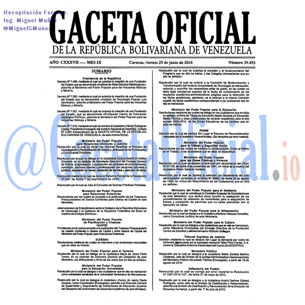 Gaceta Oficial 39453 del 25 Junio 2010