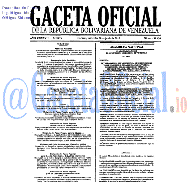 Gaceta Oficial 39456 del 30 Junio 2010
