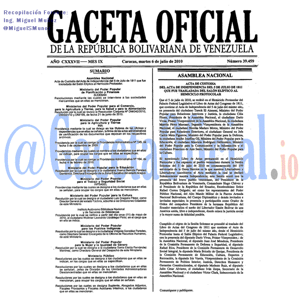 Gaceta Oficial 39459 del 6 Julio 2010