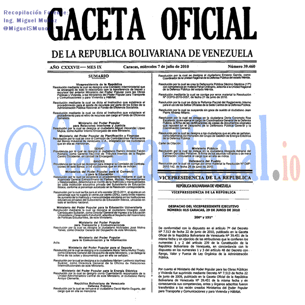 Gaceta Oficial 39460 del 7 Julio 2010