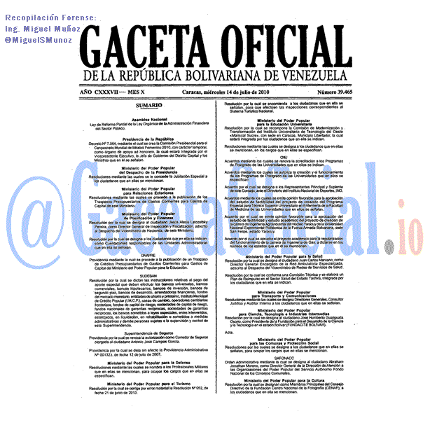 Gaceta Oficial 39465 del 14 Julio 2010