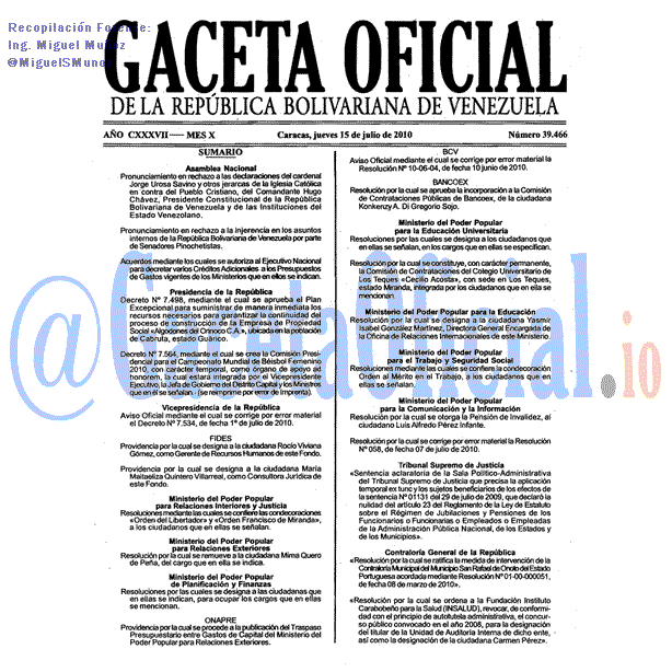 Gaceta Oficial 39466 del 15 Julio 2010