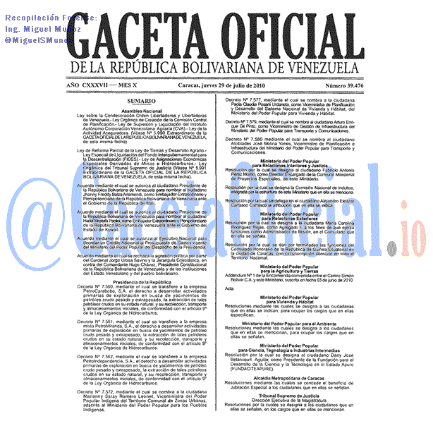 Gaceta Oficial 39476 del 29 Julio 2010