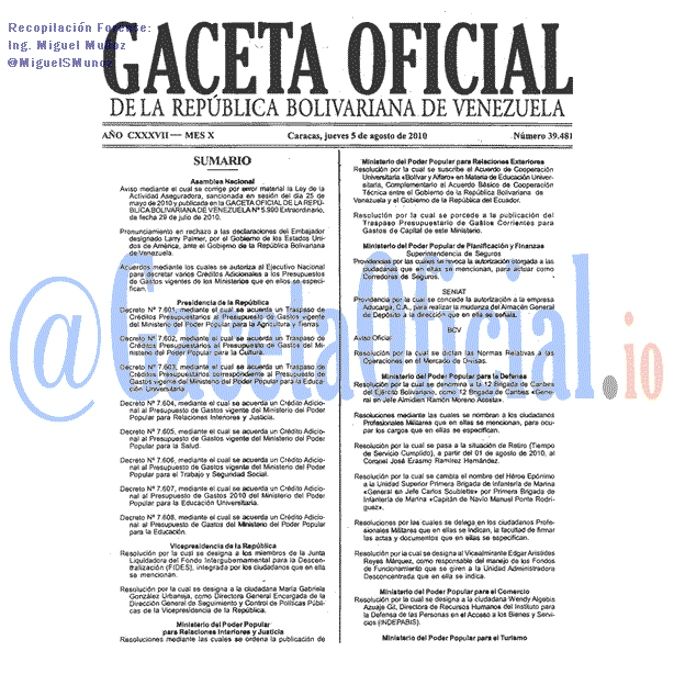Gaceta Oficial 39481 del 5 Agosto 2010