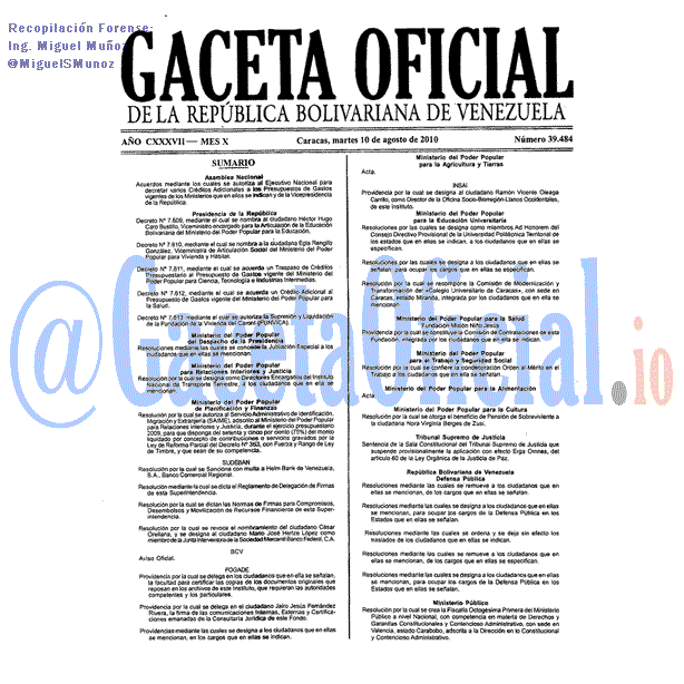 Gaceta Oficial 39484 del 10 Agosto 2010