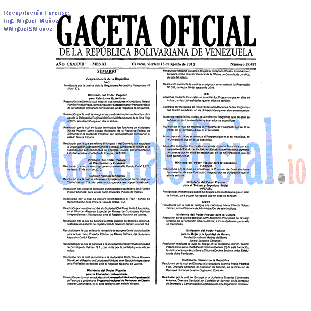 Gaceta Oficial 39487 del 13 Agosto 2010