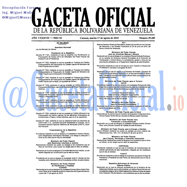 Gaceta Oficial 39489 del 17 Agosto 2010