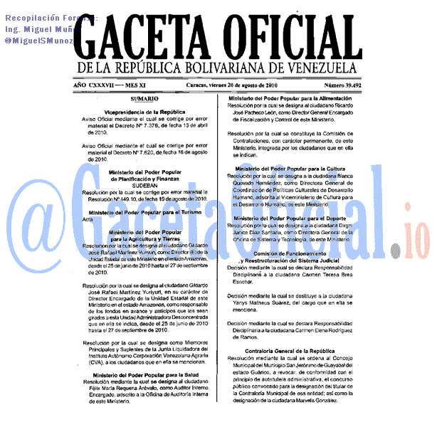 Gaceta Oficial 39492 del 20 Agosto 2010