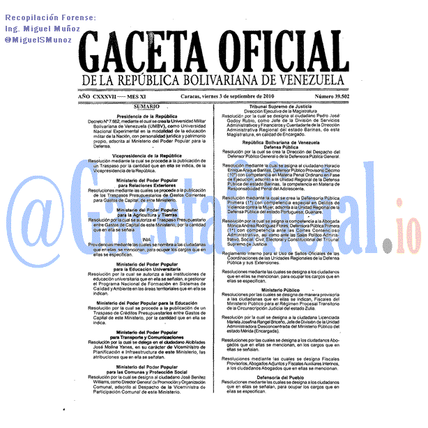 Gaceta Oficial 39502 del 3 Septiembre 2010