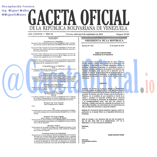Gaceta Oficial 39505 del 8 Septiembre 2010