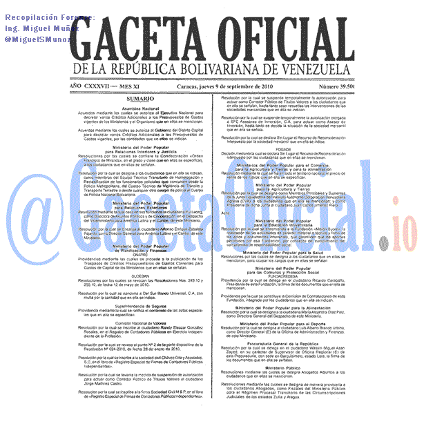 Gaceta Oficial 39506 del 9 Septiembre 2010