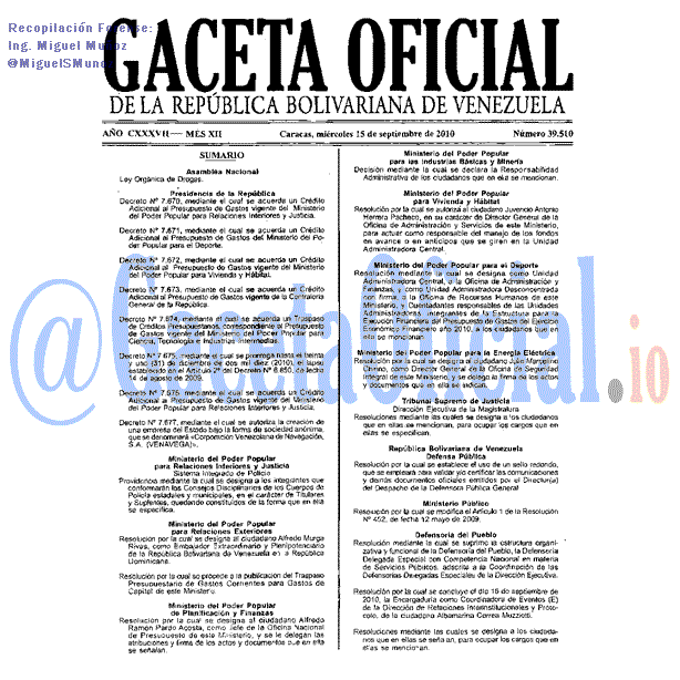 Gaceta Oficial 39510 del 15 Septiembre 2010