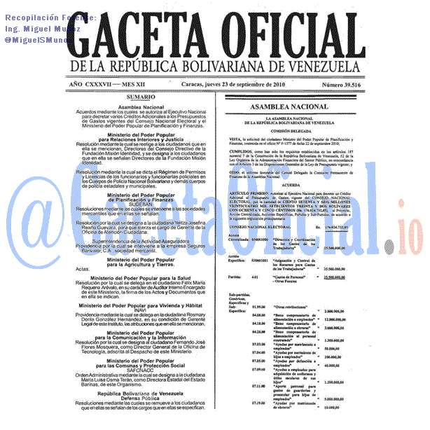 Gaceta Oficial 39516 del 23 Septiembre 2010